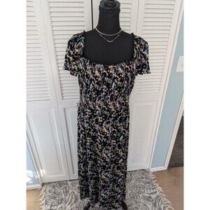 Ella Rafaella Dress Women's 3X Midi Peasant Boho Square Neck Smocked Multi Ditsy